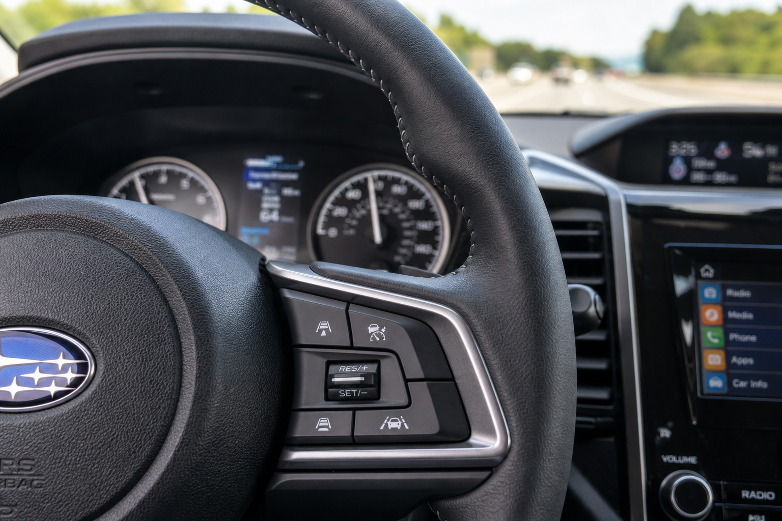 Close-up of Subaru Forester steering wheel controls used to adjust cruise control following distance