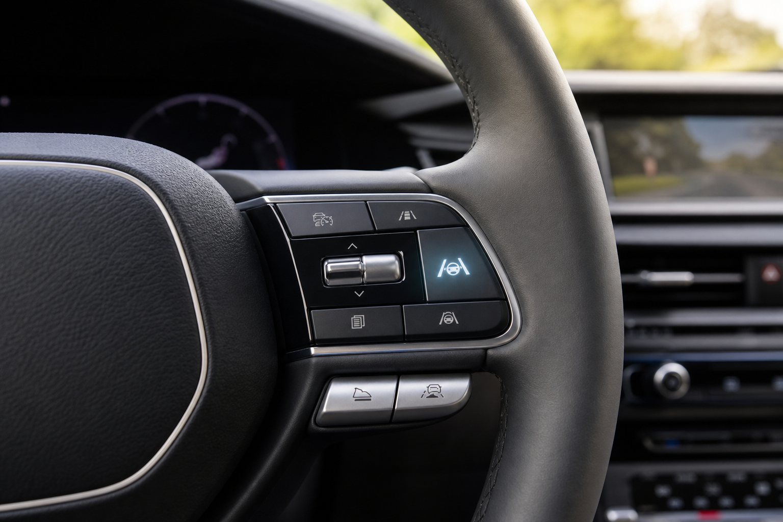 Close-up of steering wheel controls for adjusting driver assistance features