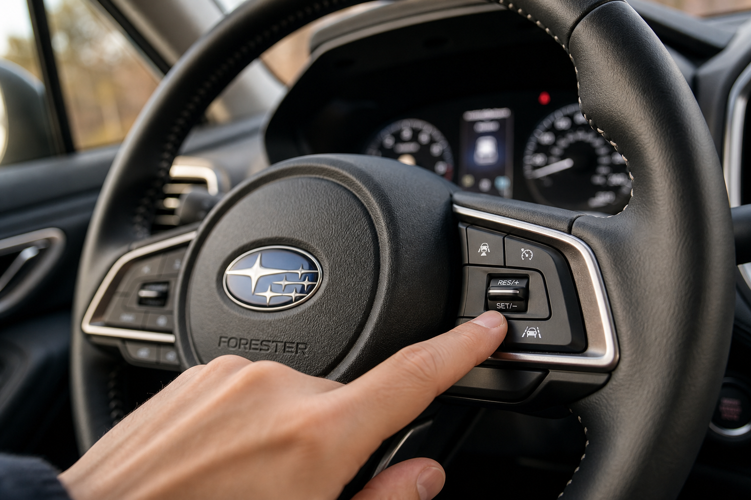 Hand pressing a steering wheel control button in a Subaru Forester
