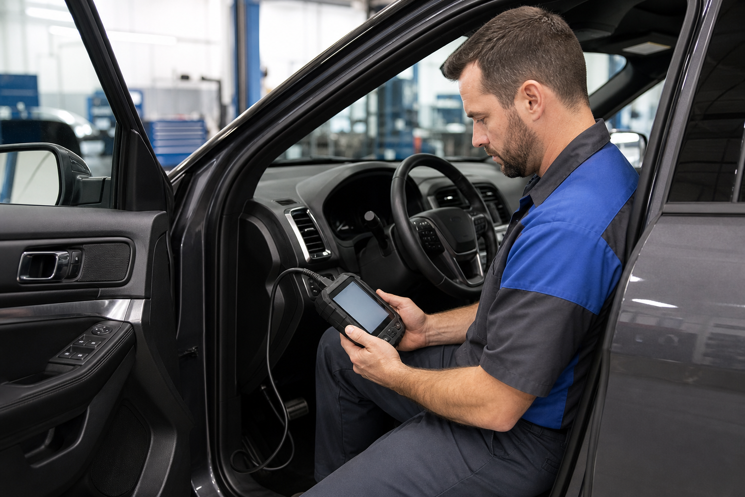 Technician using a diagnostic scan tool to reprogram Ford Explorer horn settings at a dealership