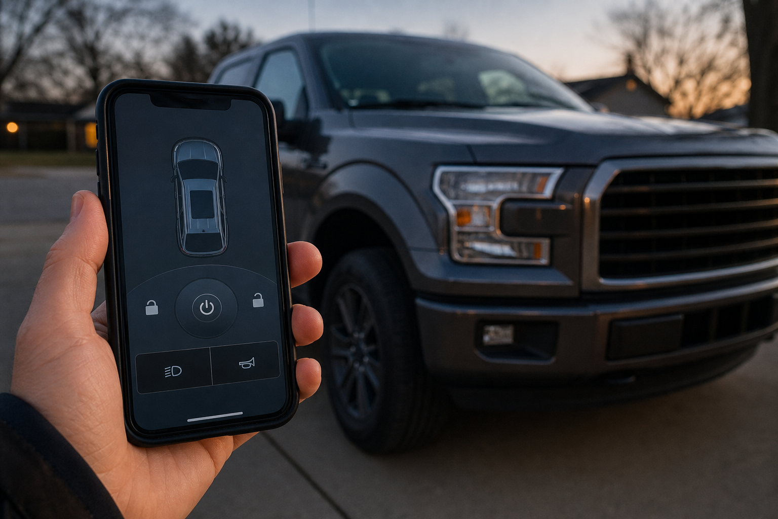 Person using a smartphone app to attempt remote starting a Ford F-150 truck