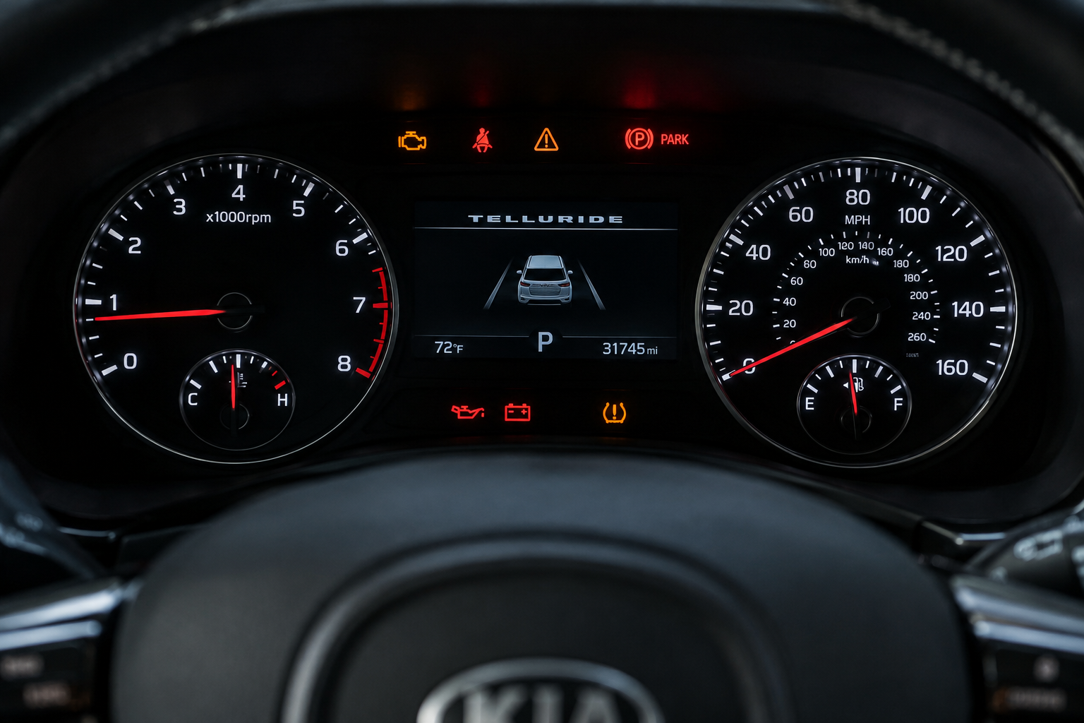 Kia Telluride dashboard showing parking brake warning light illuminated