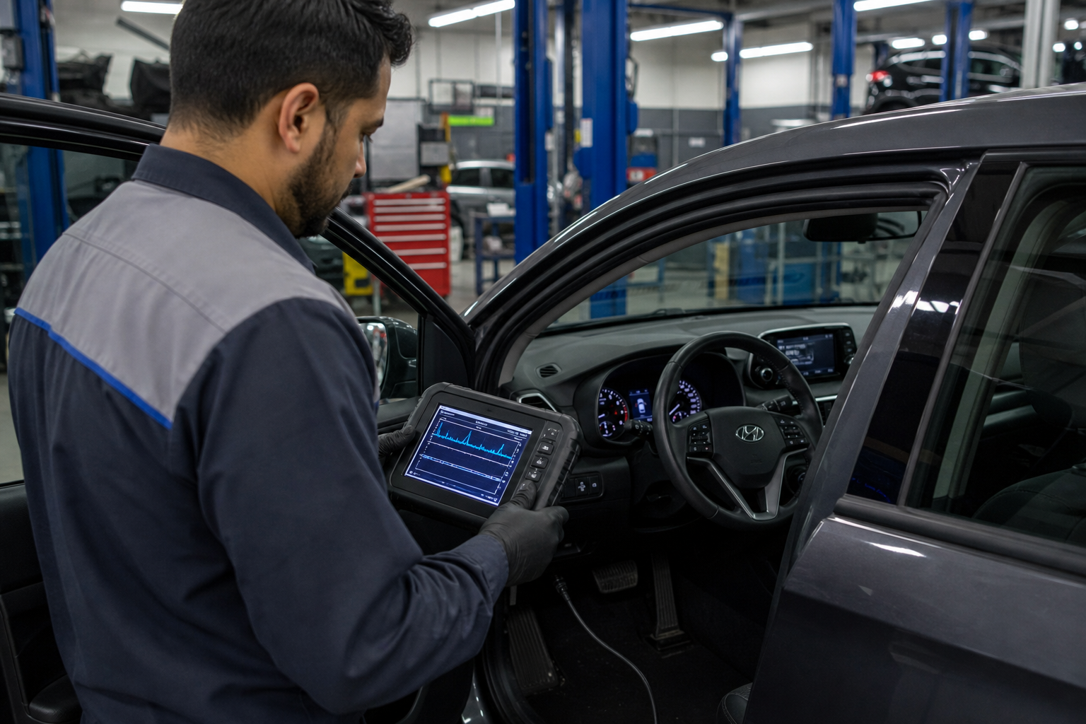 Technician using diagnostic tool to check Hyundai Tucson sensor calibration