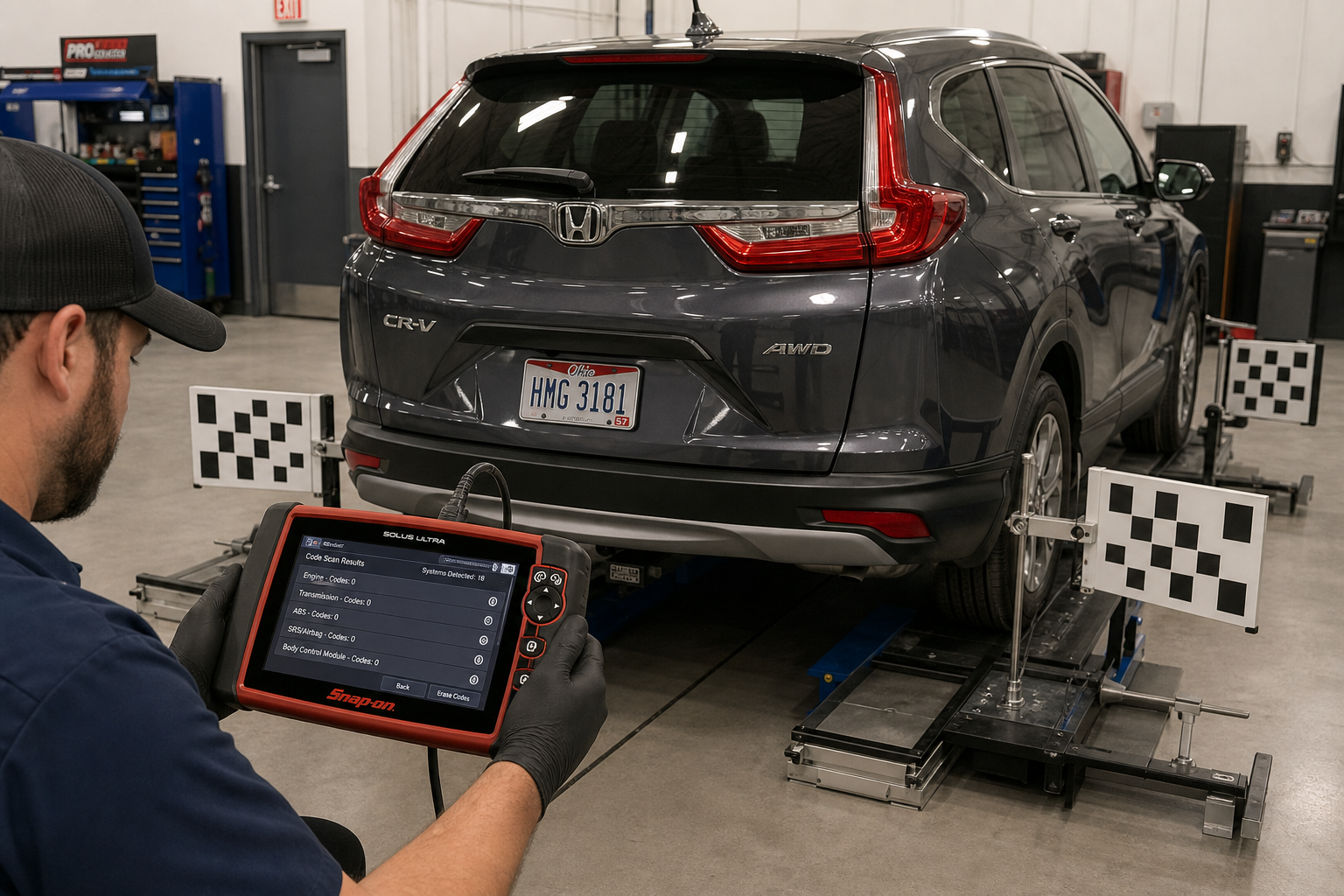 Technician performing sensor calibration diagnostics on a Honda CR-V blind spot monitoring system