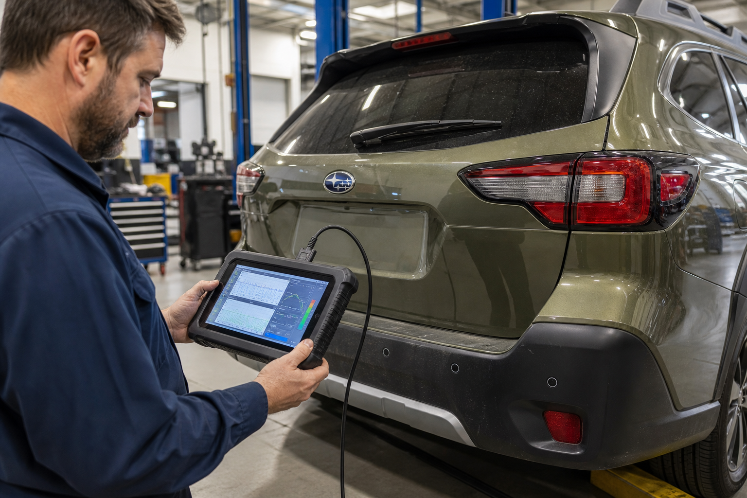 Technician performing diagnostic calibration check on Subaru Outback blind spot sensor
