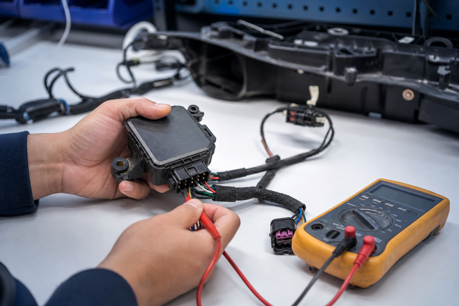 Technician testing a blind spot sensor and wiring connector with a multimeter