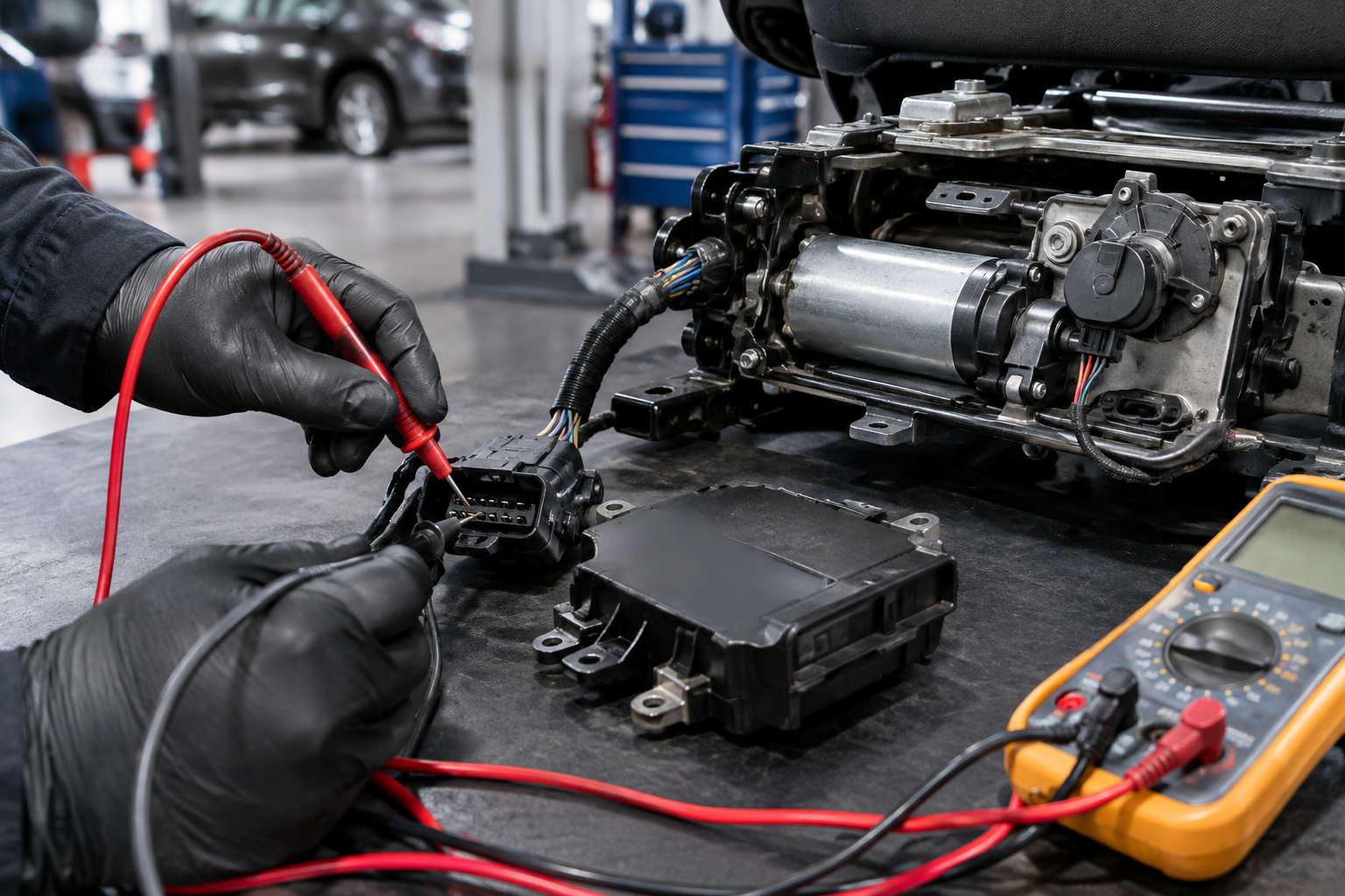 Technician testing a Subaru Outback seat control module and sensor wiring