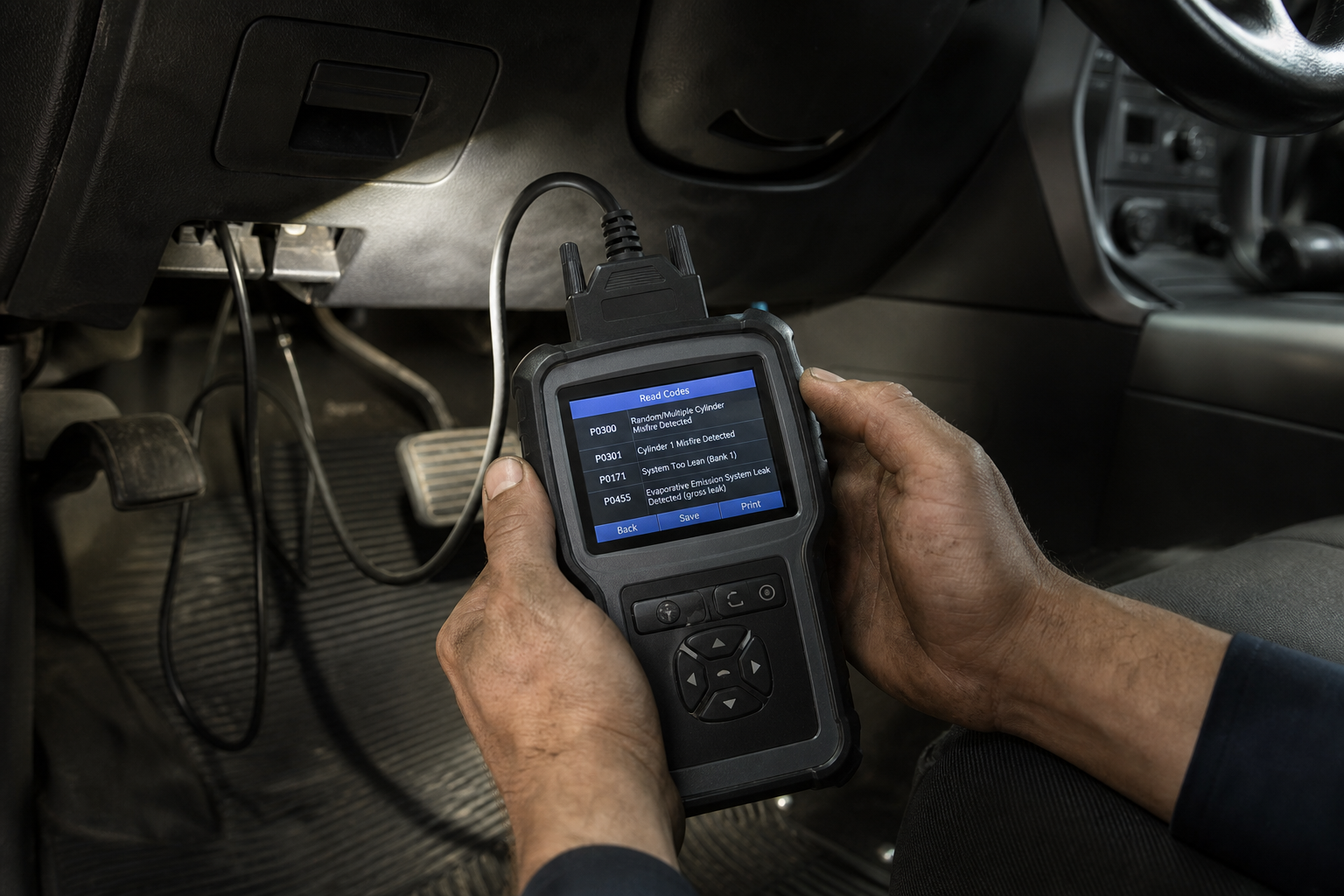 Technician diagnosing a blind spot sensor fault with a scan tool in a Chevy Silverado