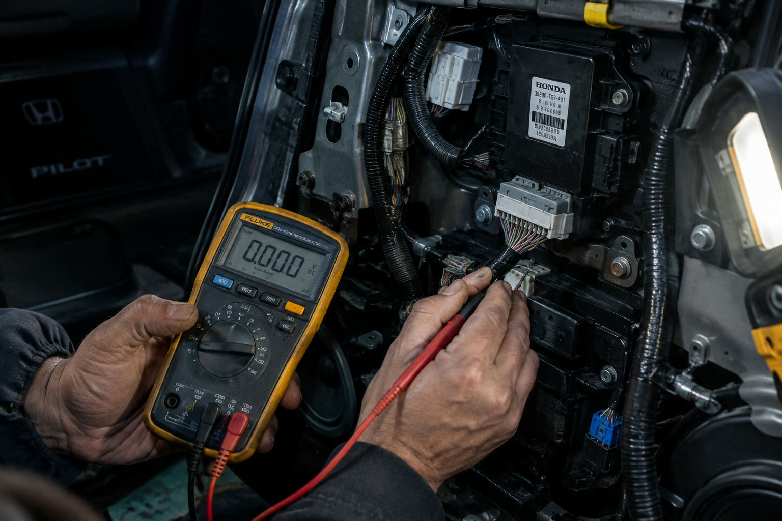 Mechanic diagnosing a faulty memory seat module with a multimeter in a Honda Pilot