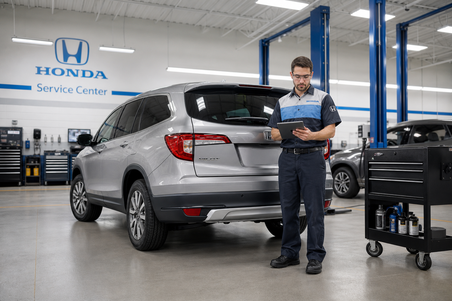 Honda Pilot parked in a dealership service bay with a technician reviewing diagnostics