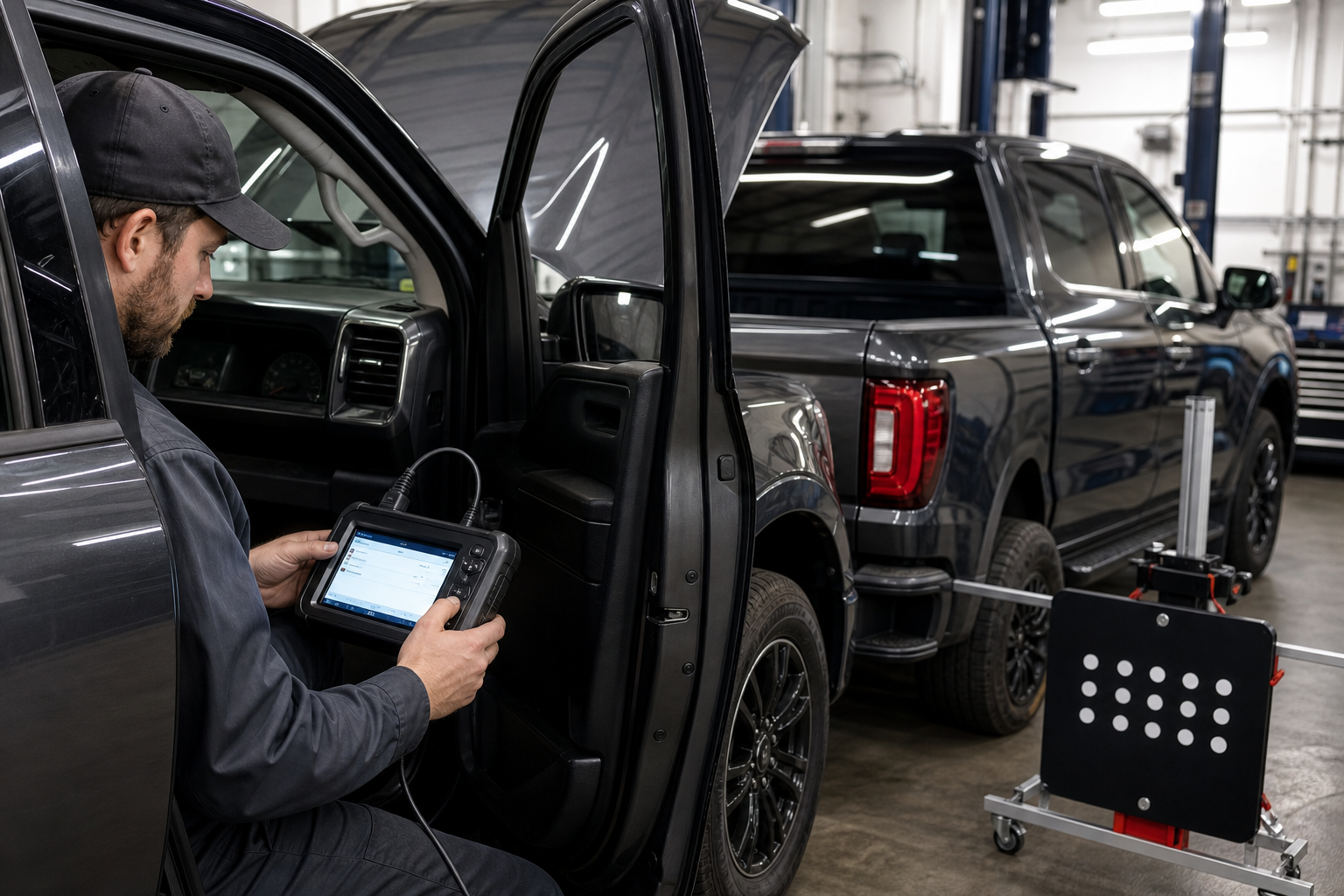 Technician using a diagnostic scan tool to calibrate a truck's blind spot monitoring sensor
