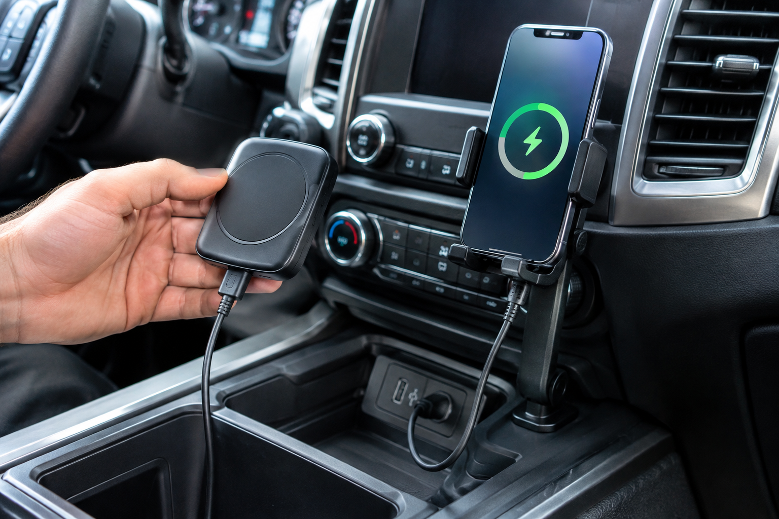 Aftermarket wireless charger being installed in a truck console as an alternative charging solution