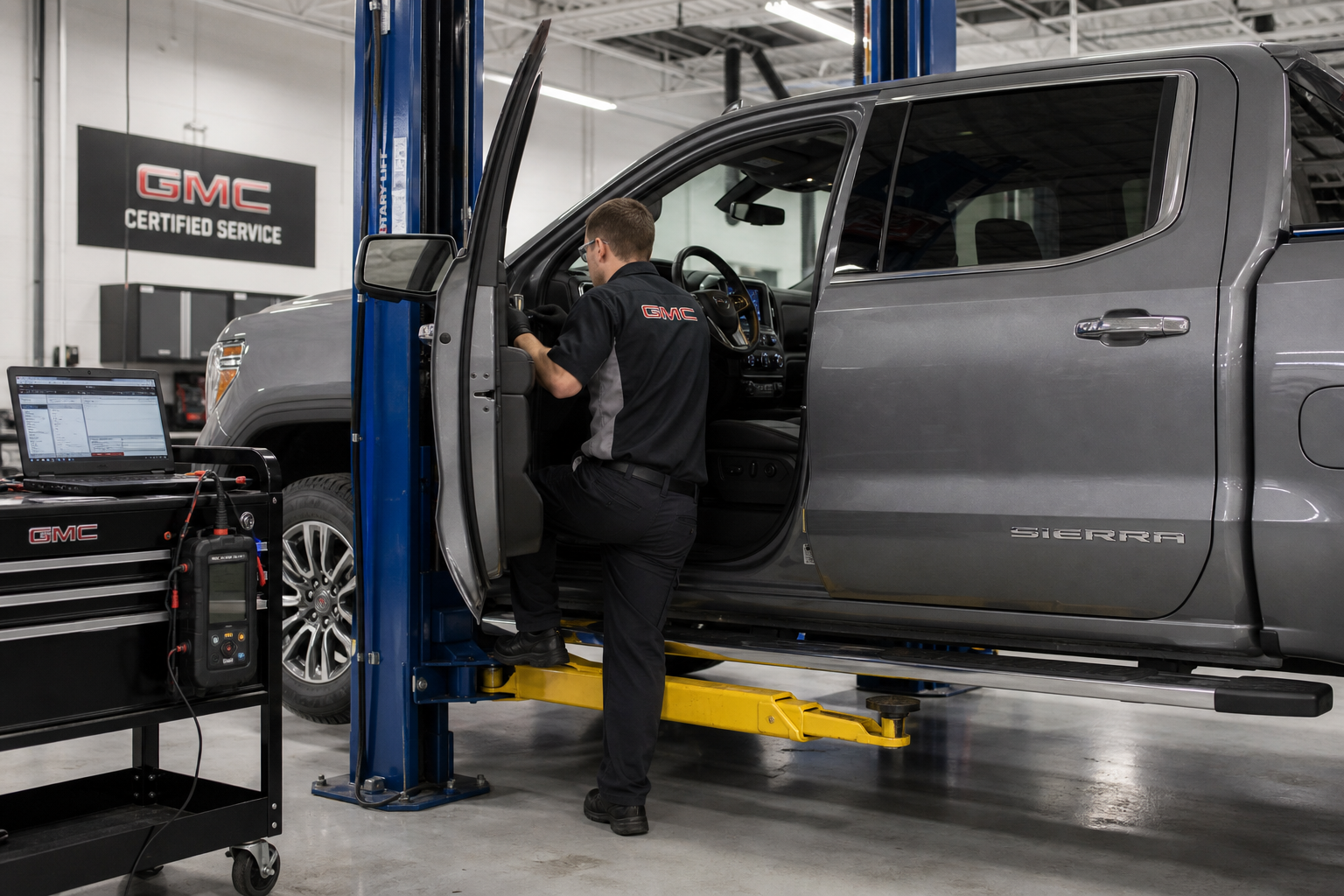 Automotive technician inspecting a GMC Sierra 1500 truck at a dealership service center