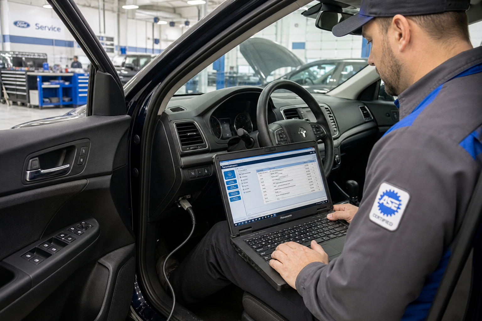 Technician using diagnostic equipment to program a vehicle at a dealership