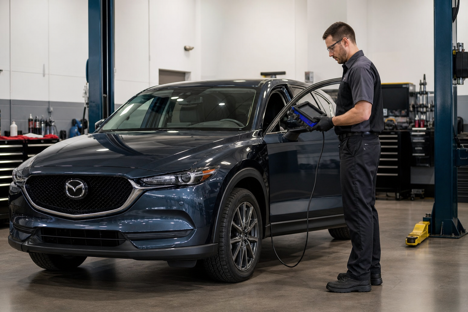Dealer technician using diagnostic tool on Mazda CX-5 in service bay