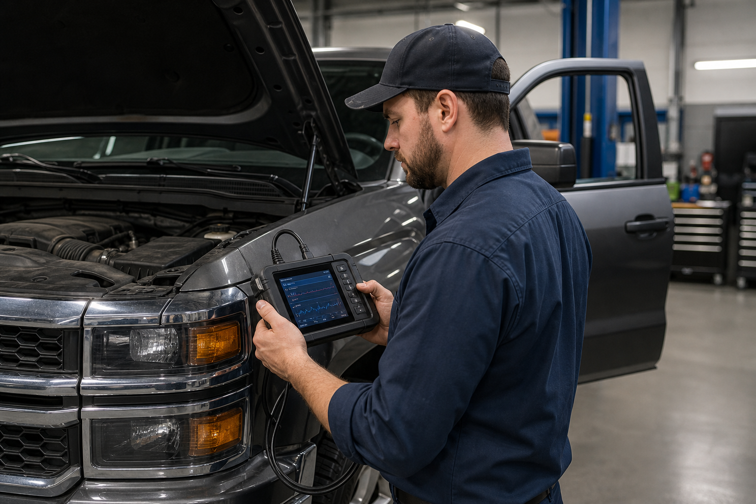Technician using a diagnostic scan tool on a Chevy Silverado for sensor calibration