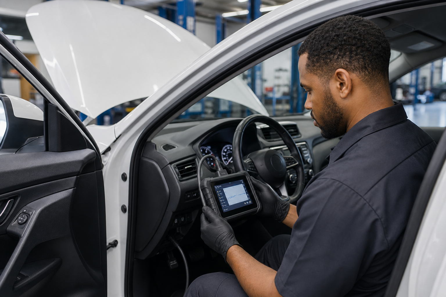 Technician using a scan tool to diagnose and calibrate a Nissan Rogue's blind spot monitoring system