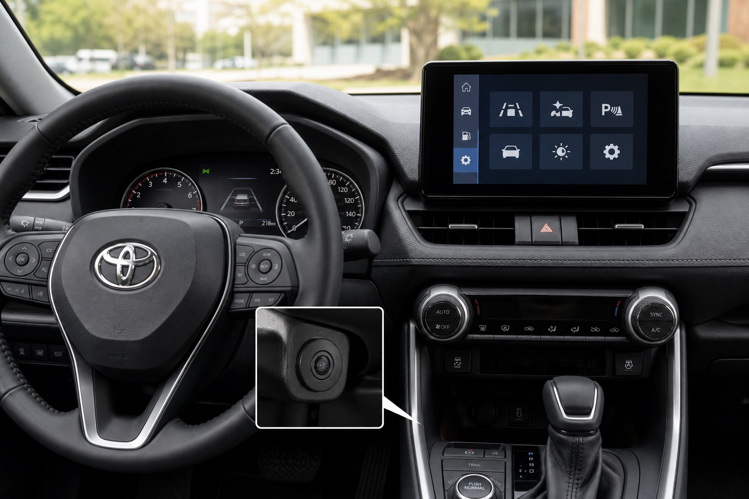 Toyota RAV4 dashboard showing the touchscreen settings menu and steering column camera area