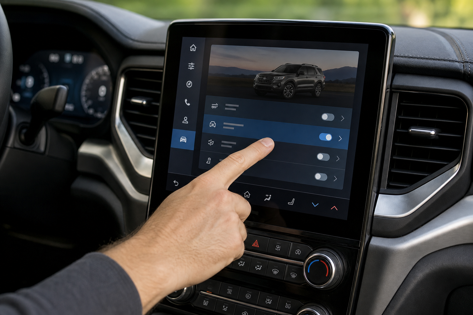 Hand adjusting settings on Ford Explorer touchscreen infotainment display