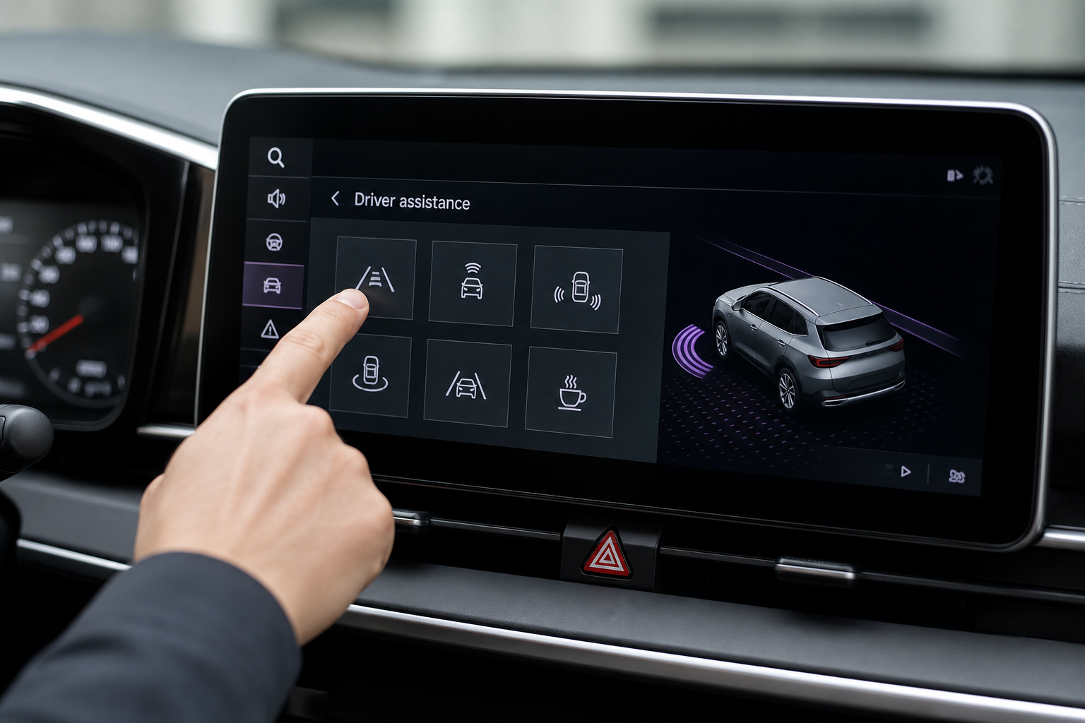 Hand navigating Kia Sportage touchscreen settings menu for driver assistance features