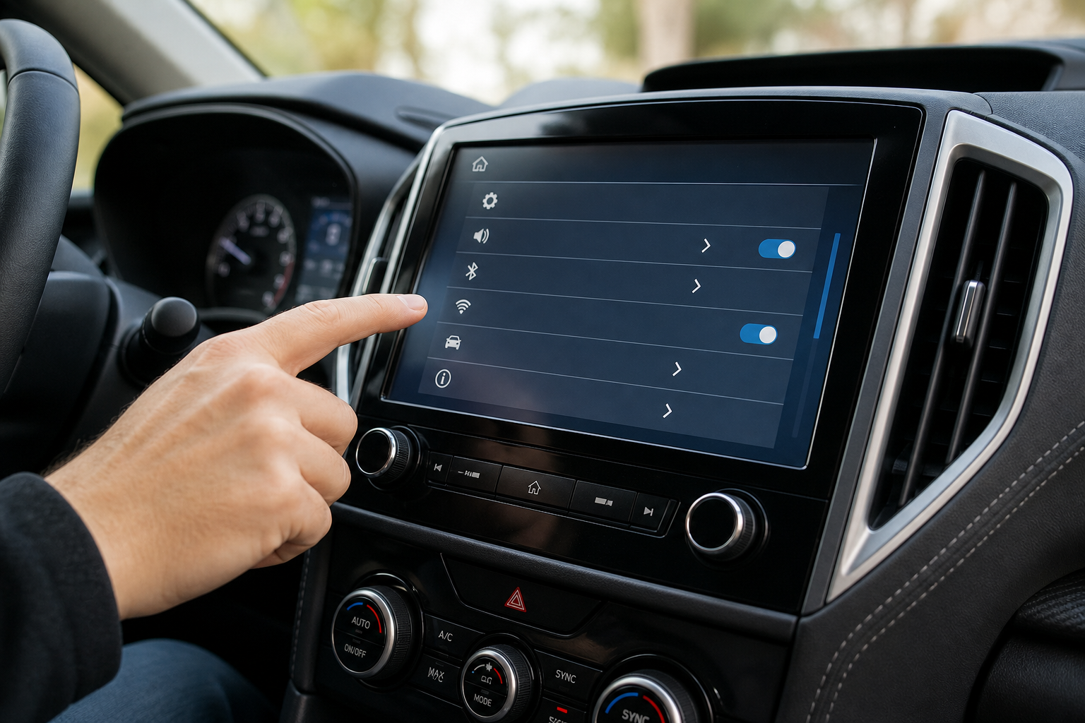 Driver navigating settings menu on Subaru Forester touchscreen display