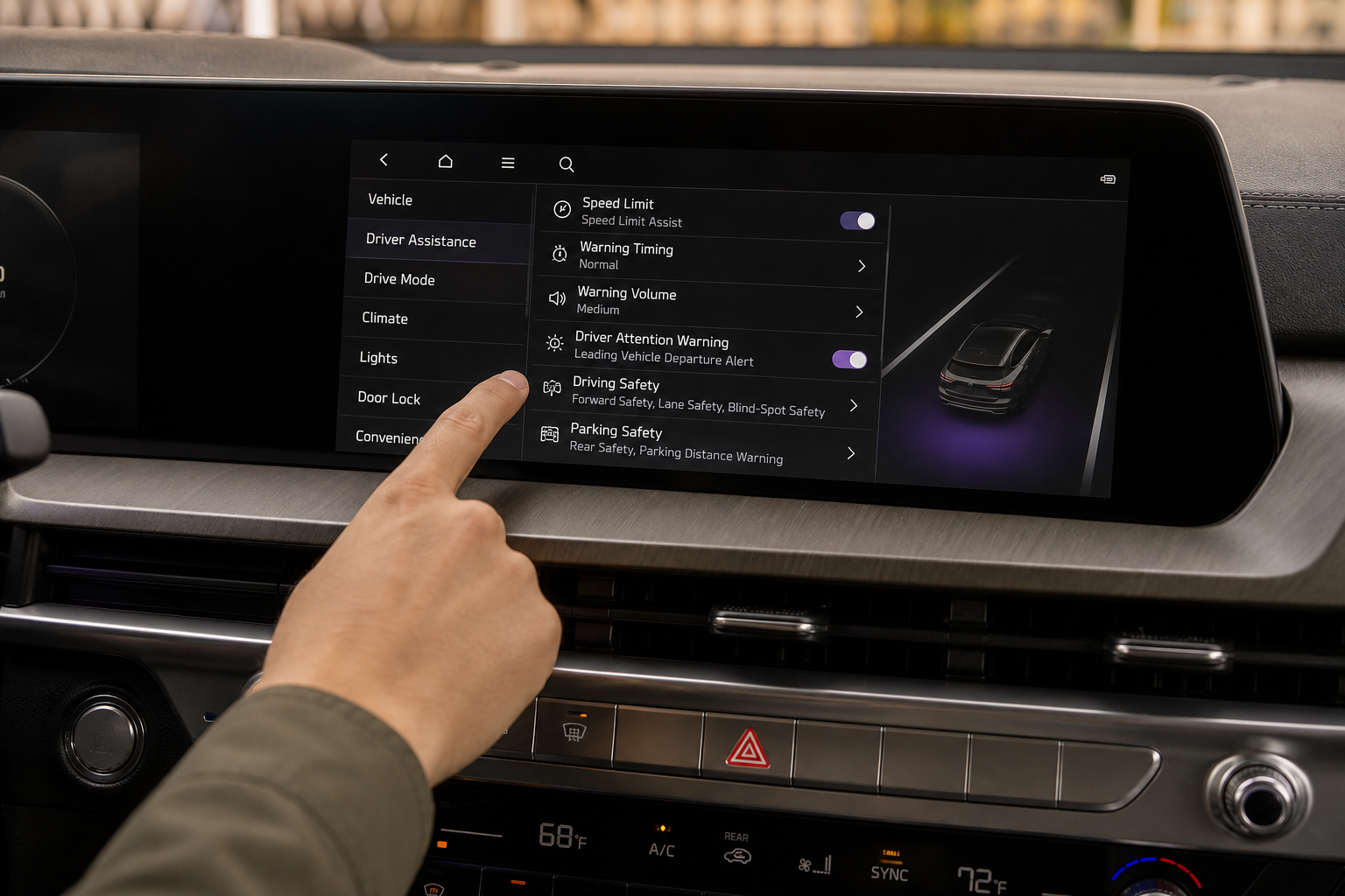 Hand navigating vehicle settings menu on Kia Telluride touchscreen