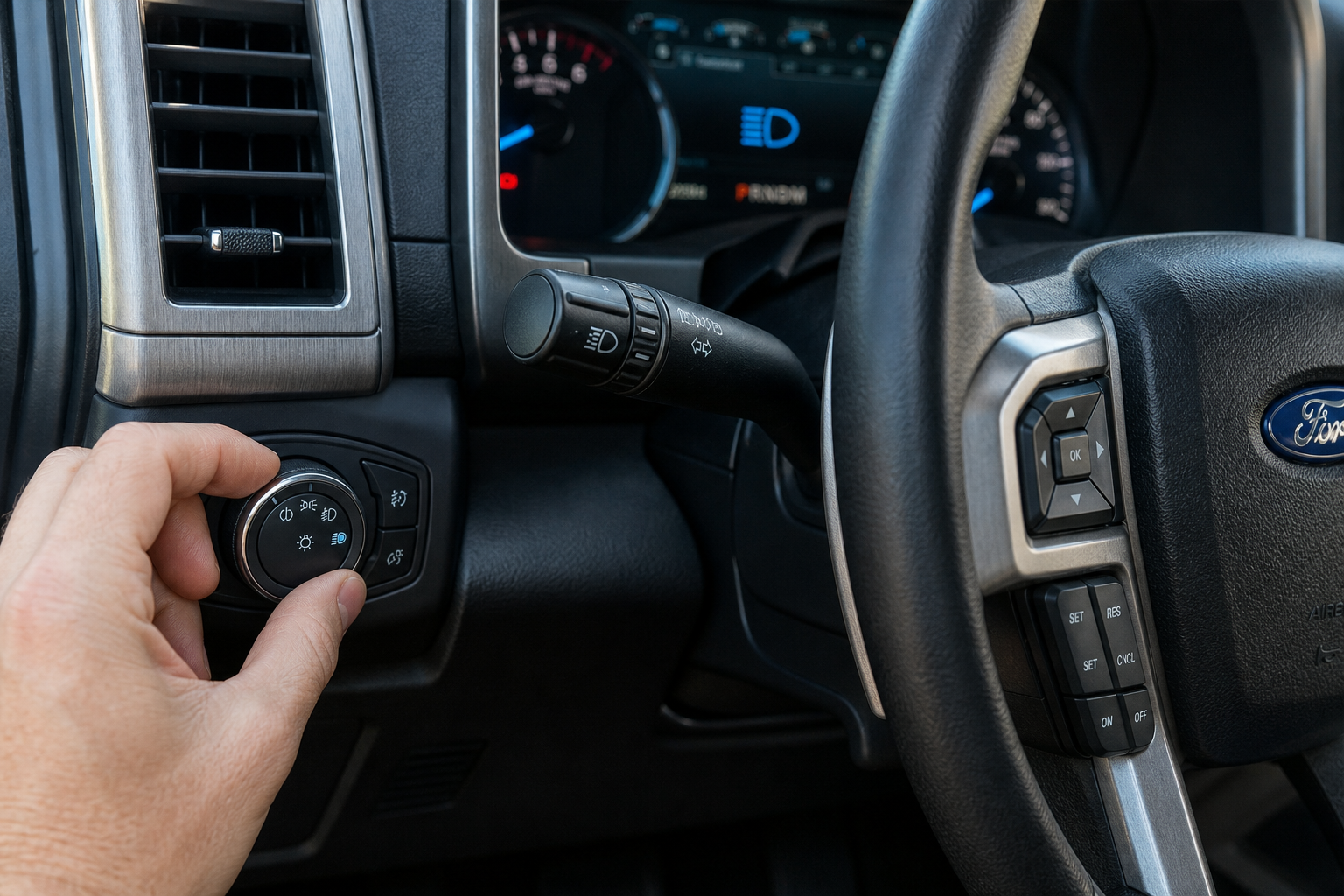 Close-up of Ford F-150 headlight control stalk showing auto high-beam setting location