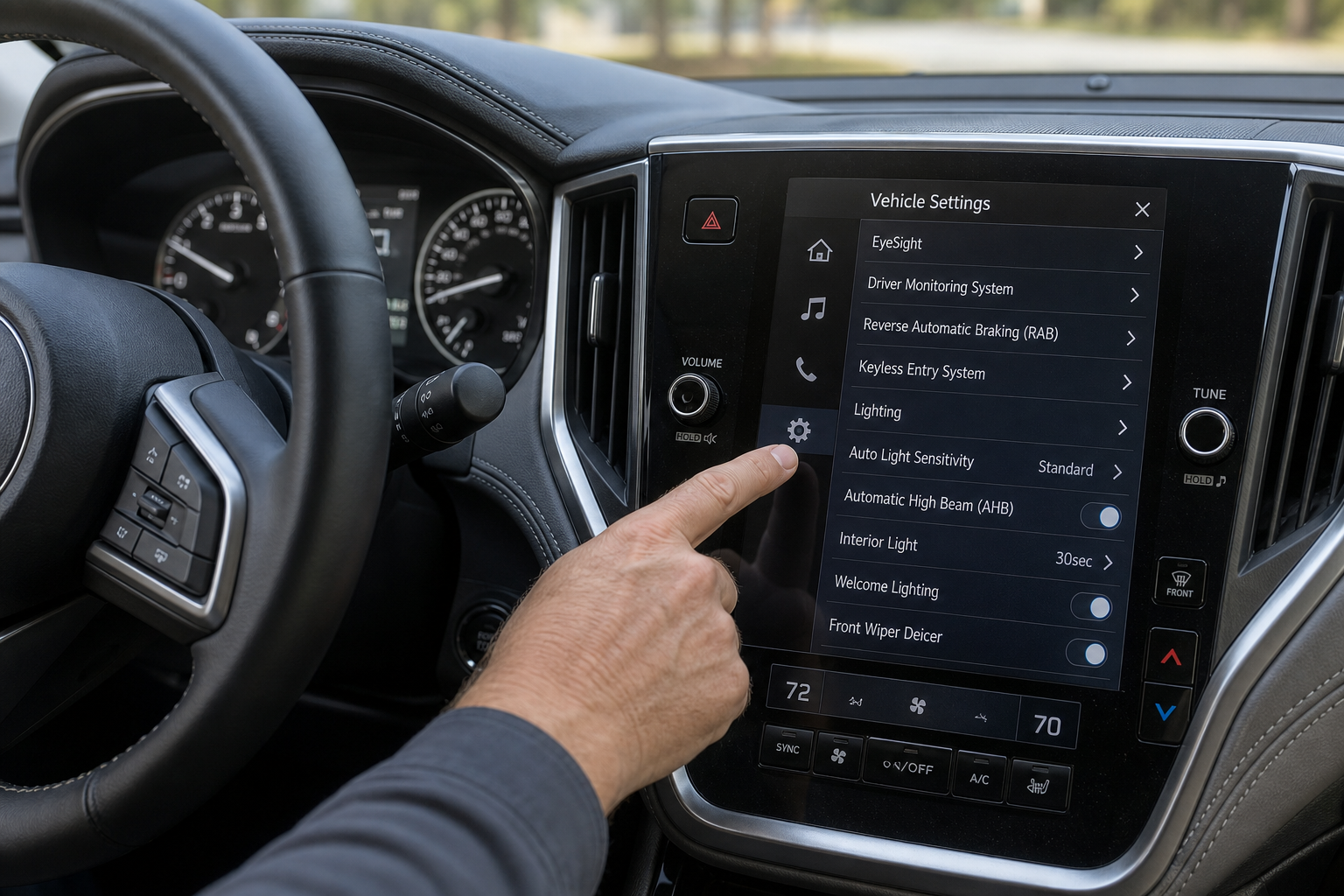 Close-up of Subaru Outback dashboard showing automatic high-beam control settings on the touchscreen