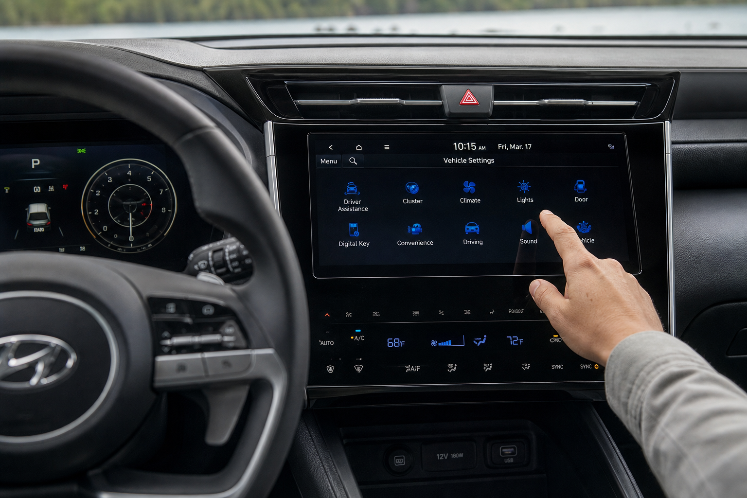 Hyundai Tucson touchscreen showing vehicle settings menu for High Beam Assist