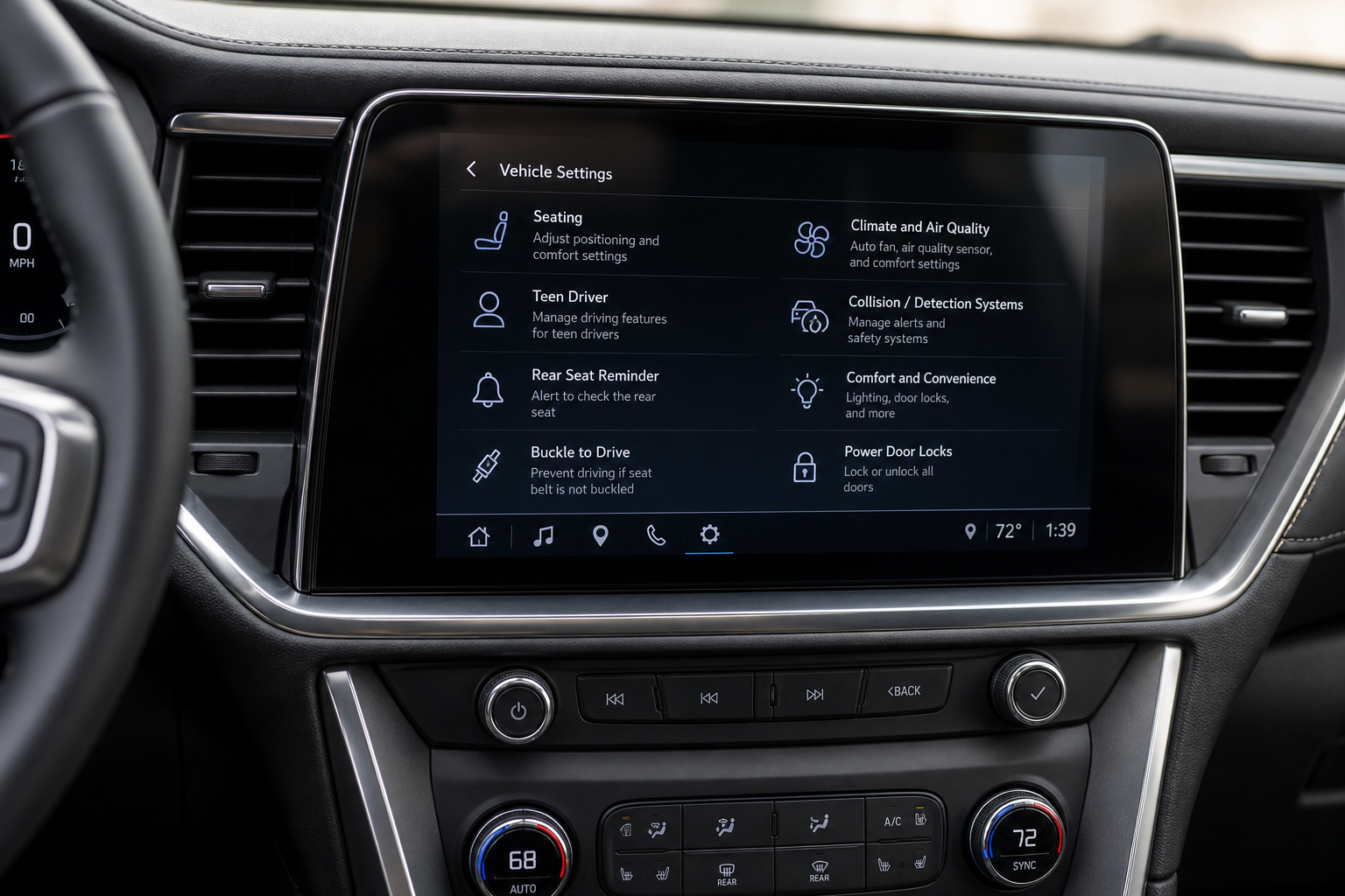Chevy Tahoe touchscreen settings menu where rear seat reminder options are located