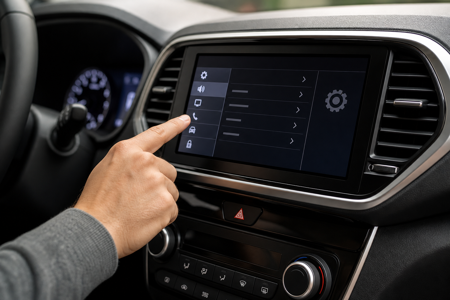Driver navigating the settings menu on a Hyundai Tucson's touchscreen to locate the rear occupant alert option