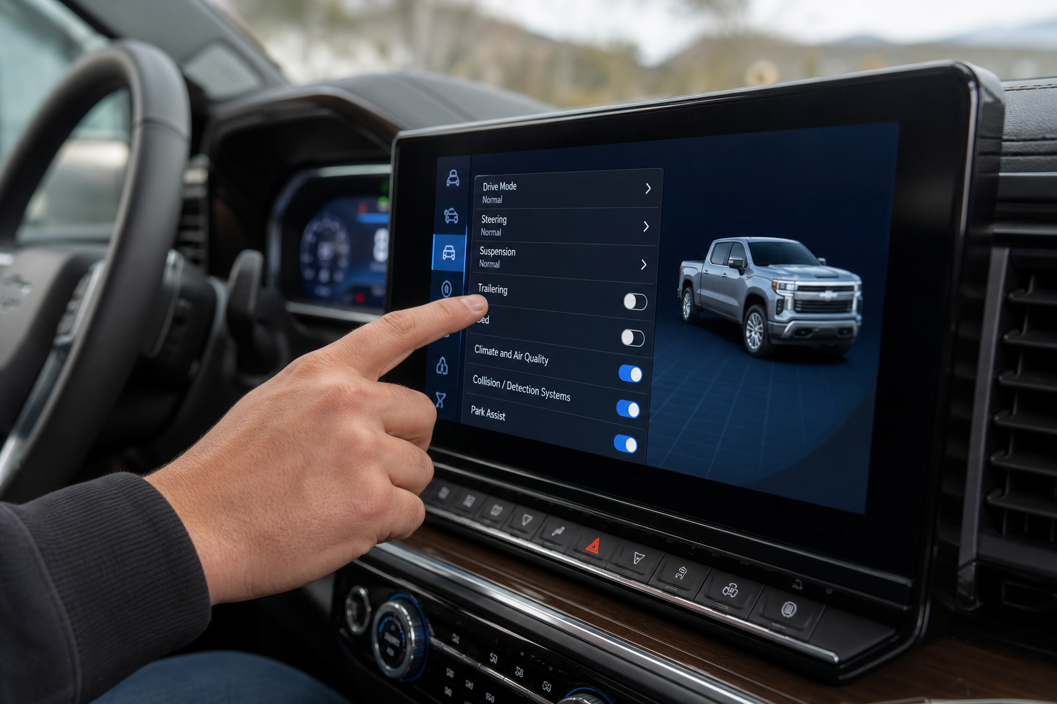 Driver navigating the settings menu on a Chevy Silverado touchscreen display