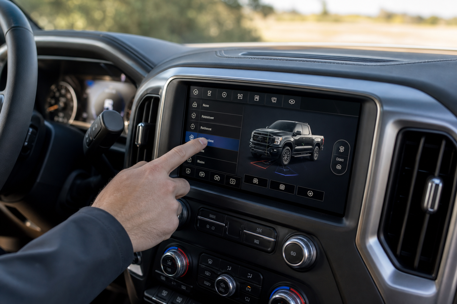 Driver navigating the settings menu on a GMC Sierra 1500 touchscreen