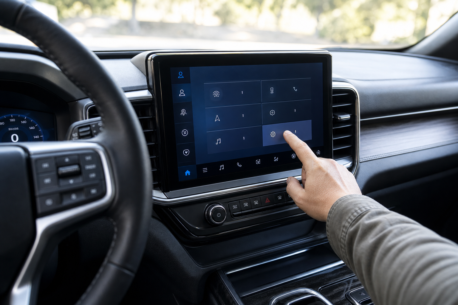 Hand adjusting settings on Ford Explorer touchscreen dashboard