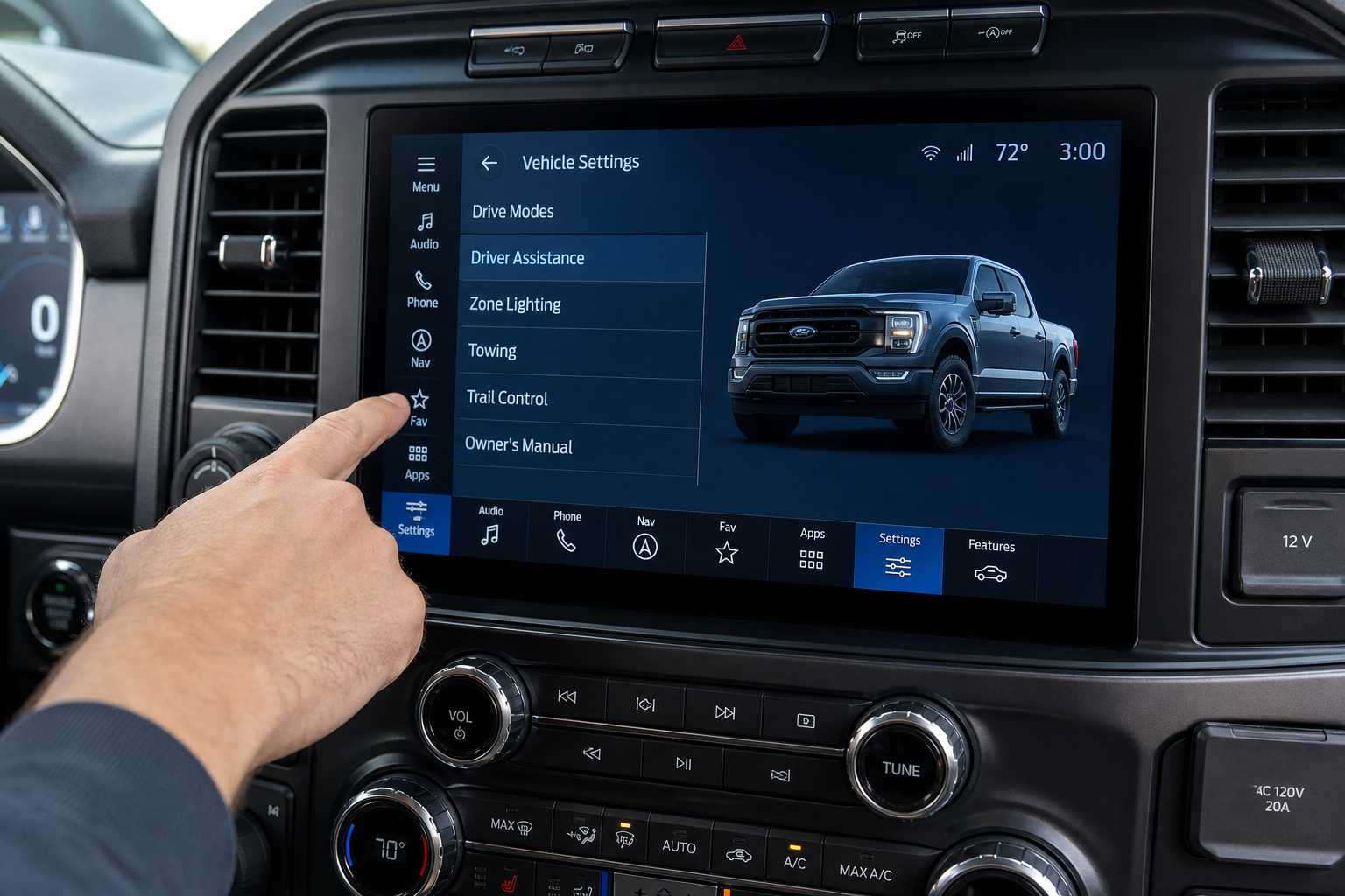Hand navigating Ford F-150 touchscreen settings menu