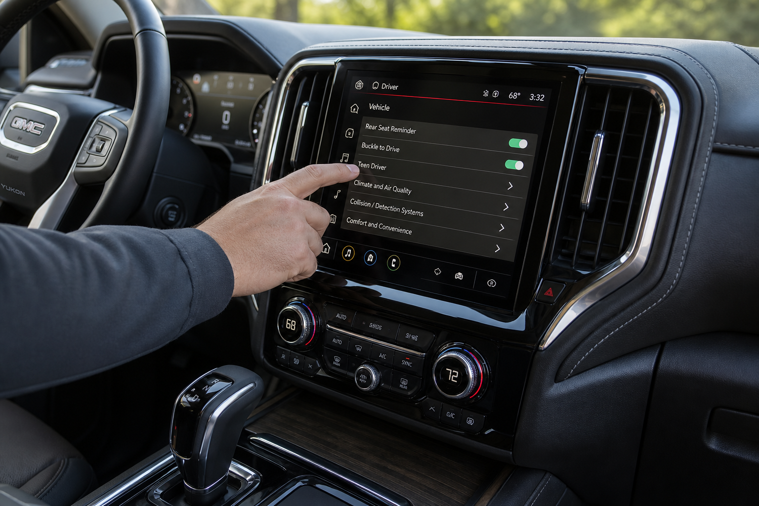Hand adjusting vehicle settings on GMC Yukon infotainment touchscreen