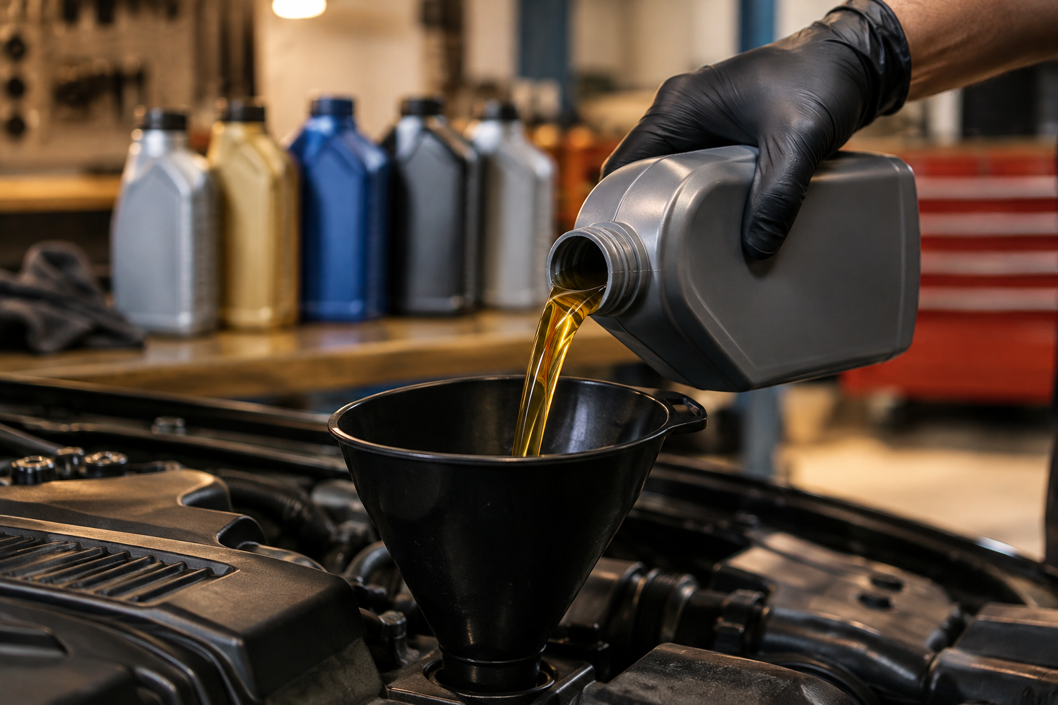 Mechanic pouring synthetic oil into a car engine with multiple oil bottle options nearby