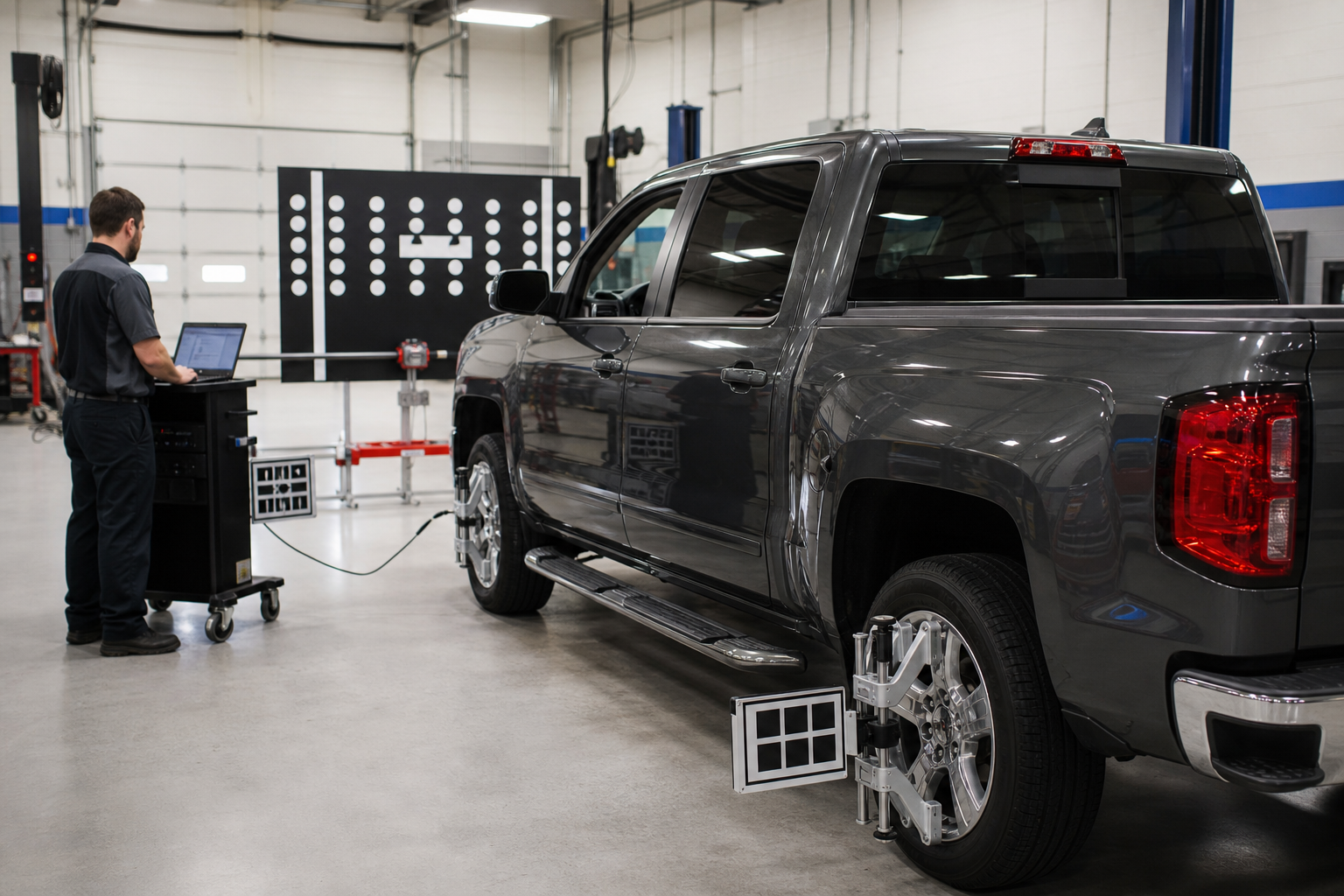 Technician calibrating blind spot sensors on a Chevy Silverado using a target board