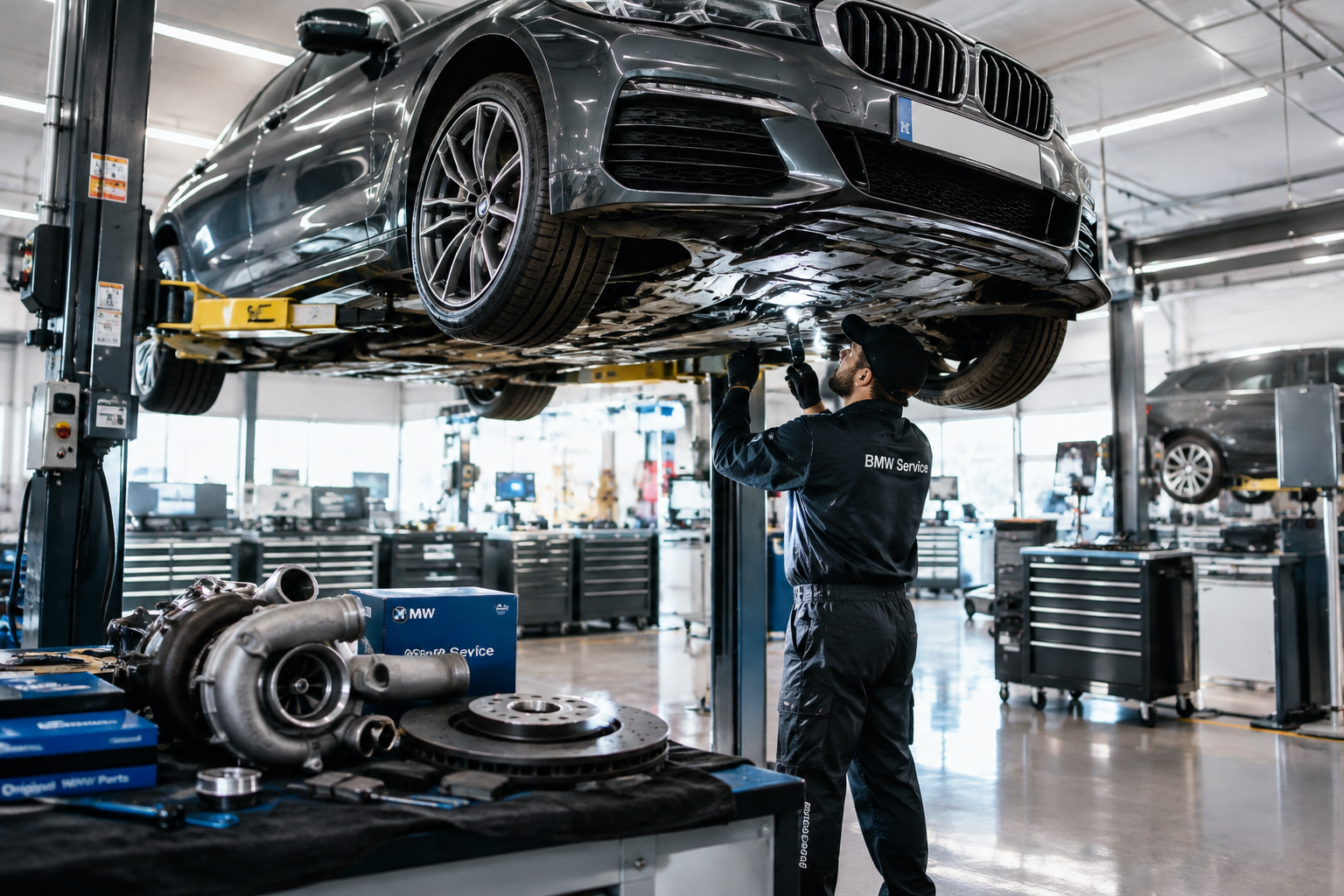 Mechanic inspecting the underside of a luxury car on a lift in a repair shop
