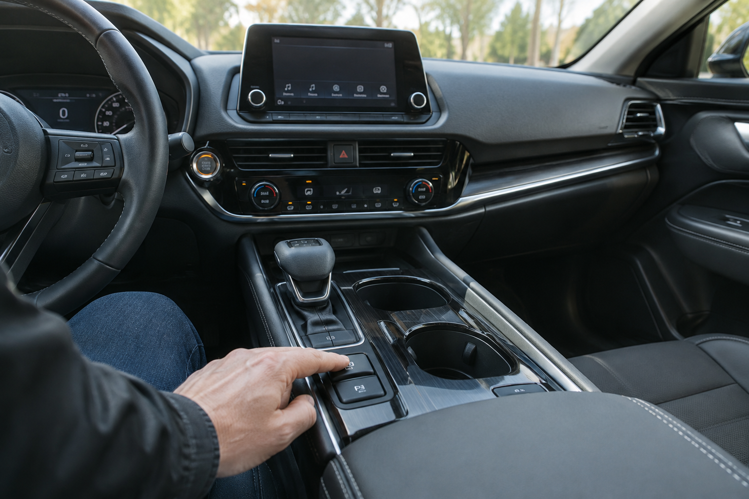 Driver pressing the Auto Hold button after starting the Nissan Rogue