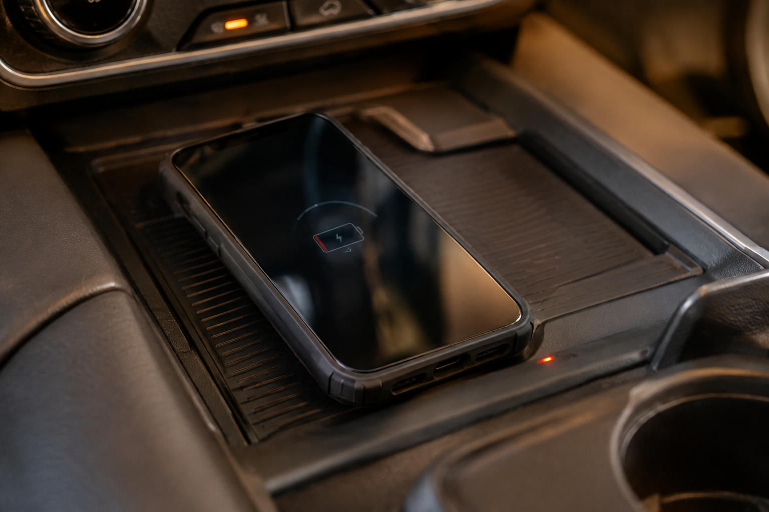 Smartphone misaligned on wireless charging pad showing a disconnected charging state