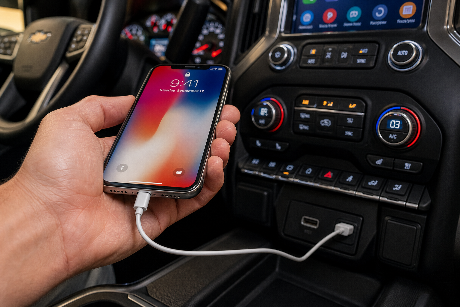 Hand connecting a USB cable from iPhone to Chevy Silverado for wired CarPlay