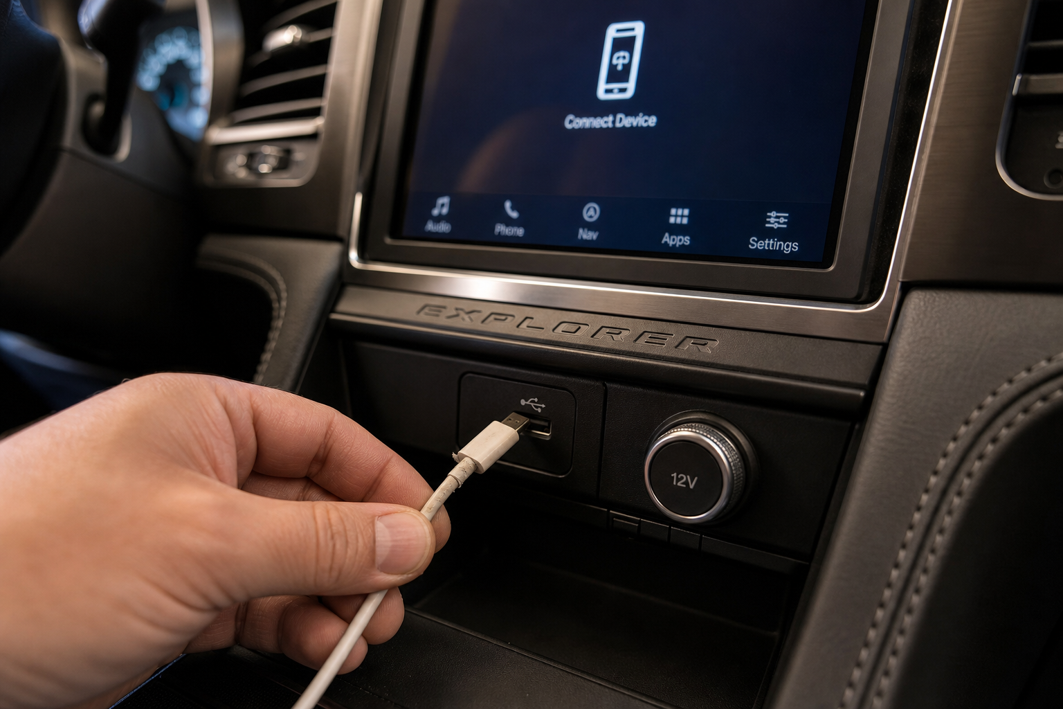Close-up of a USB cable being plugged into a Ford Explorer's dashboard port