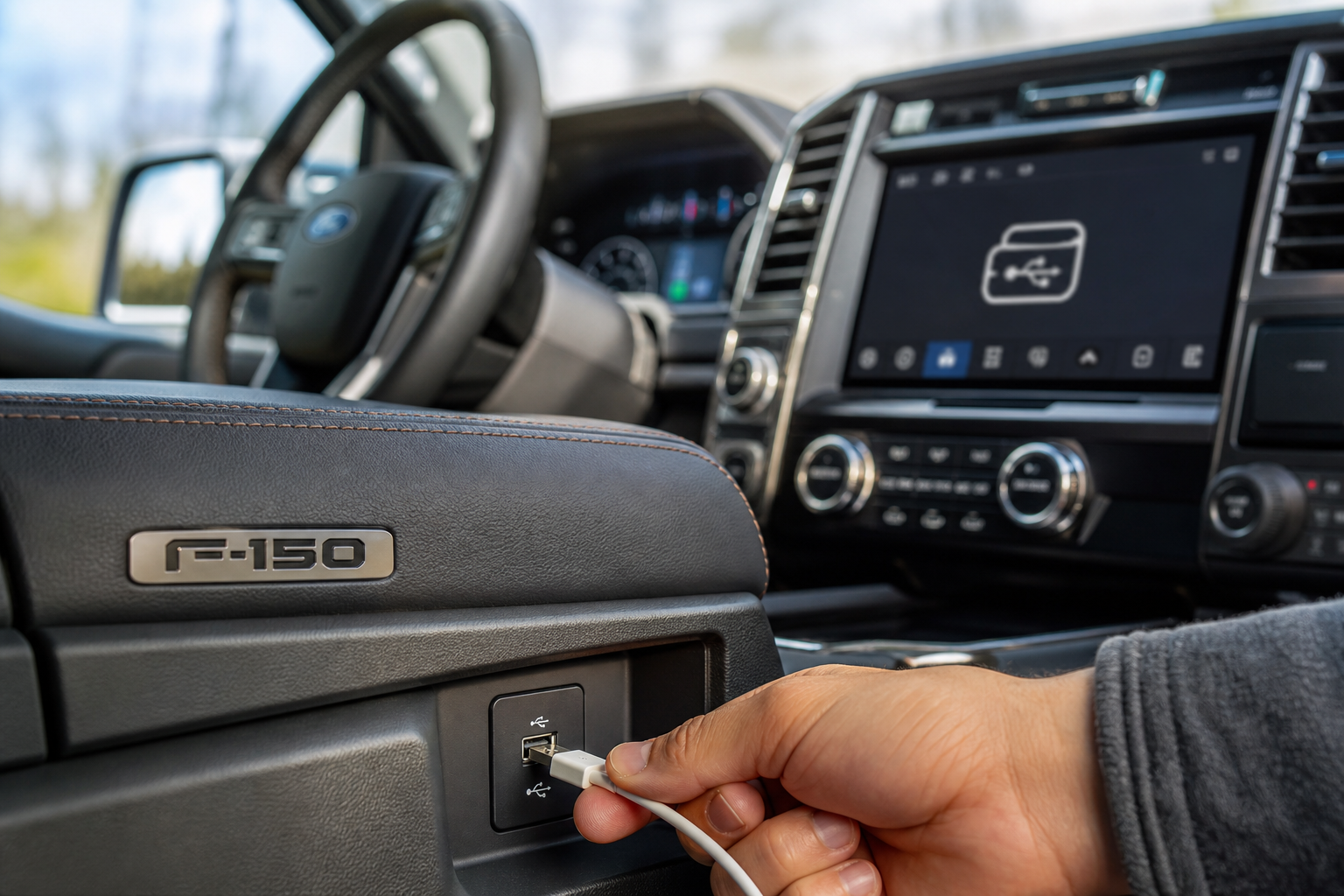 Close-up of a USB cable being plugged into a Ford F-150 center console USB port
