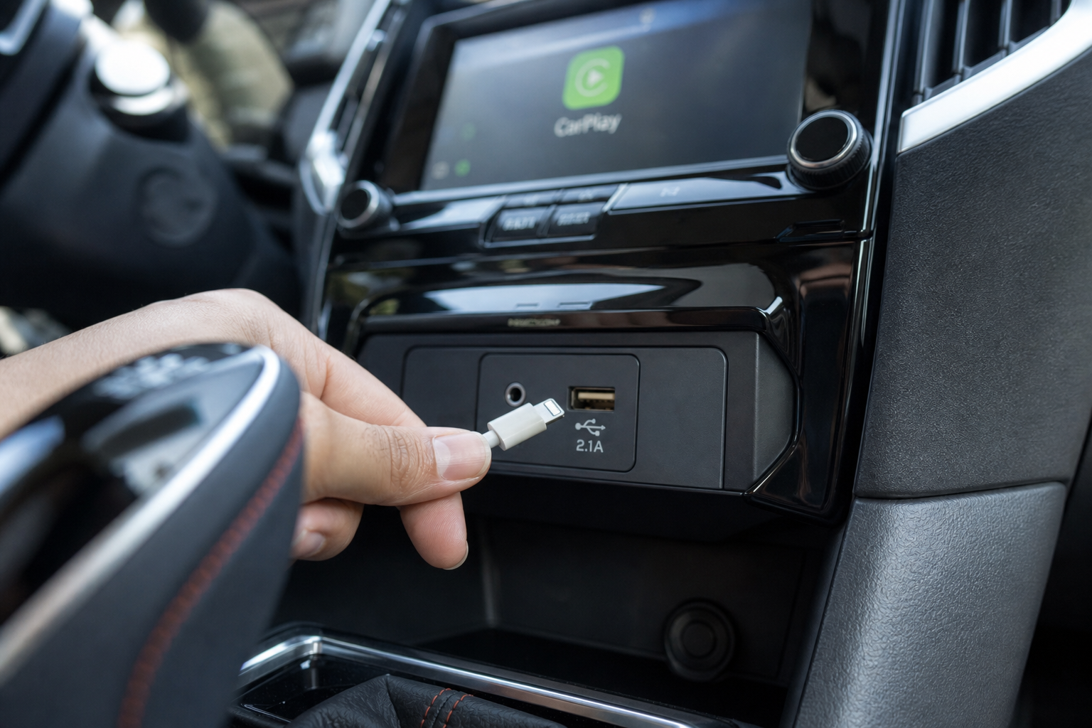 Close-up of a USB cable being plugged into a Subaru Forester's center console USB port