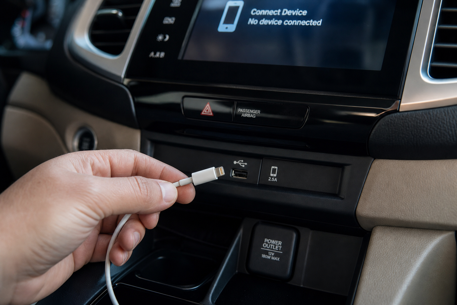 Close-up of a USB cable being checked in a Honda Pilot's dashboard port