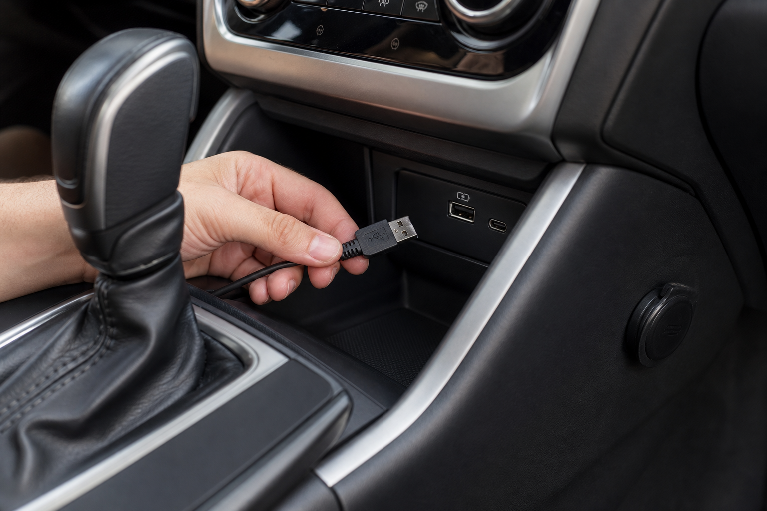 Close-up of a USB cable being connected to a Subaru Outback's infotainment port