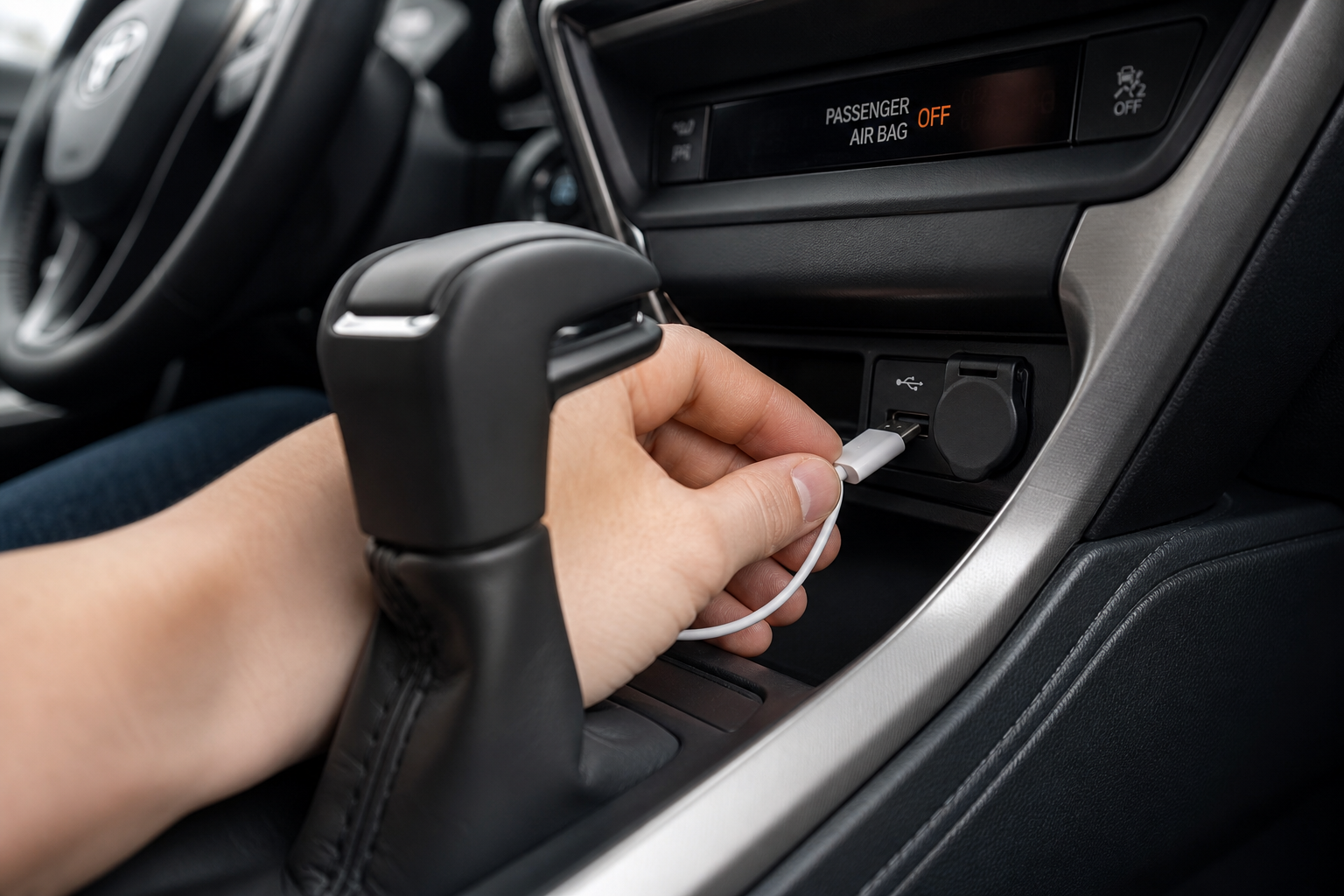 Hand plugging a USB cable into a Toyota RAV4's USB port for wired Apple CarPlay