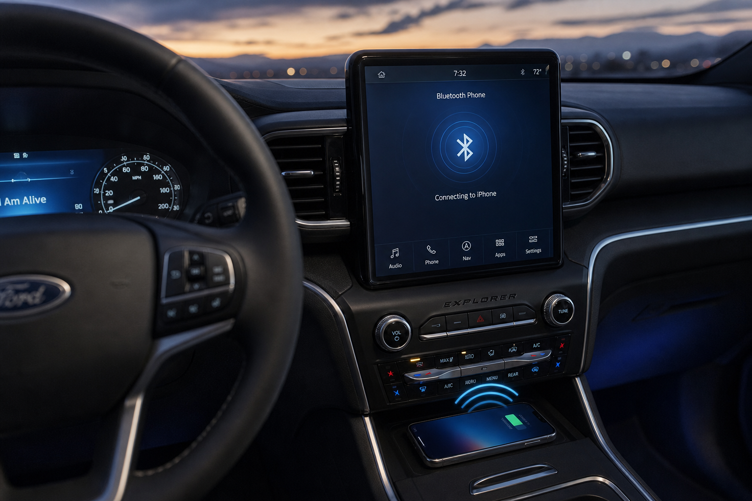 Smartphone wirelessly connecting to a Ford Explorer's infotainment screen via Bluetooth