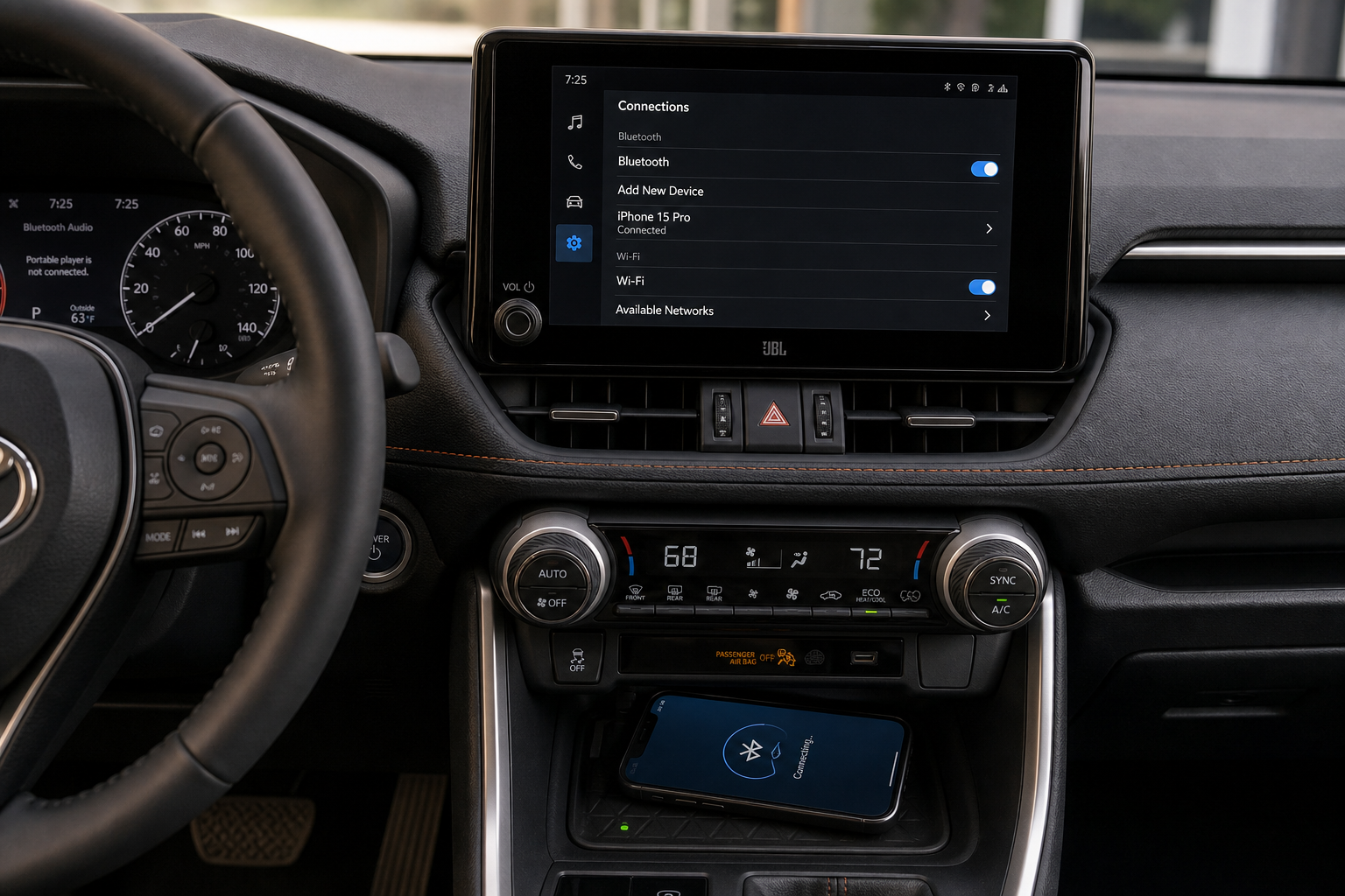 Toyota RAV4 infotainment screen showing wireless Bluetooth and Wi-Fi pairing settings for CarPlay